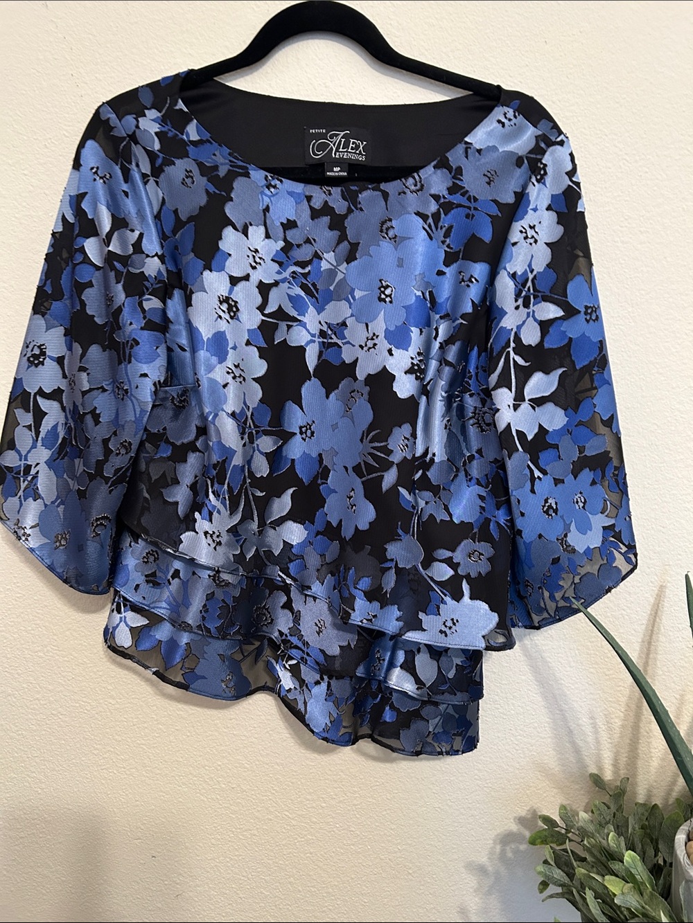Alex Evenings Black and Blue Floral Layered Chiffon Blouse